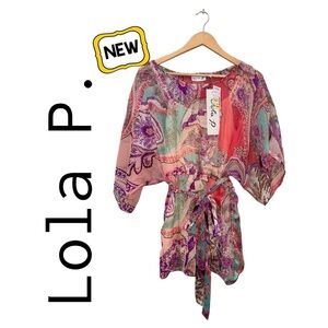 New LOLA P. 3-pc Blouse Semi-Sheer Short Dolman Sleeve Multi Color Cami Belt Med